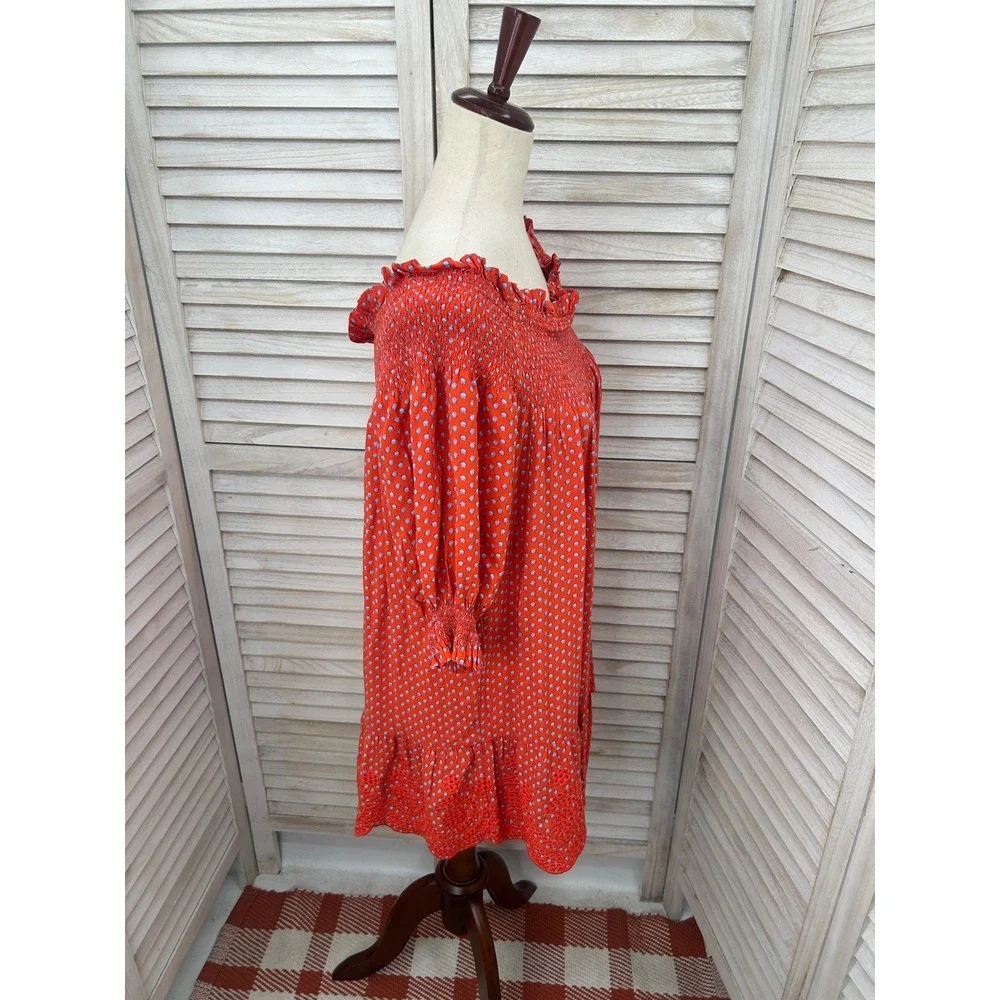 Tory Burch Off the Shoulder Dress Size XS Orange Polka Dot Shirred Ruched Ruffle